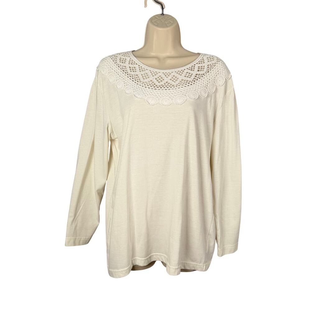 Vtg White Stag Top Medium White Crochet Yoke 3/4 Sleeve Country Cottage Boho‎